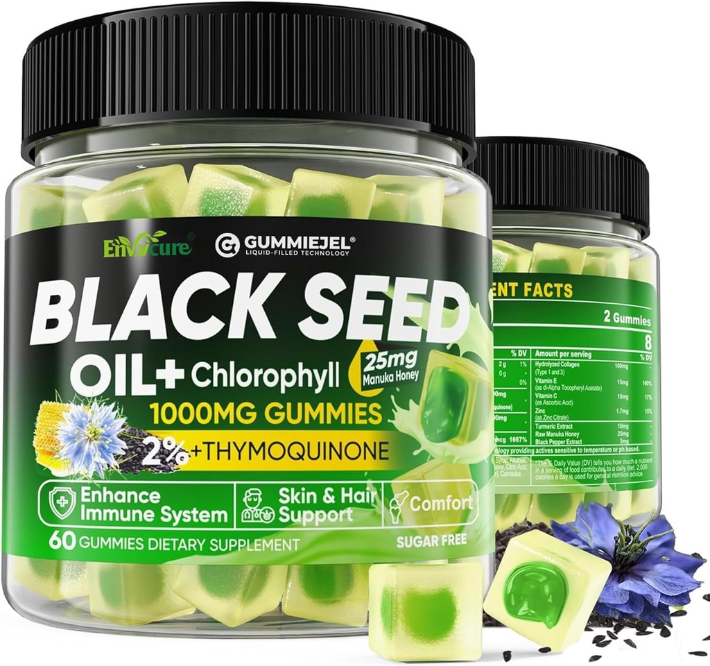 Black Seed Oil Gummies & Chlorophyll, Biotin 500mcg with Hydrolyzed Collagen, Raw Manuka Honey, Organic Cold Pressed - Ultimate Absorption for Skin, Hair & Nails, Digestive, Overall Health, 1 Pack