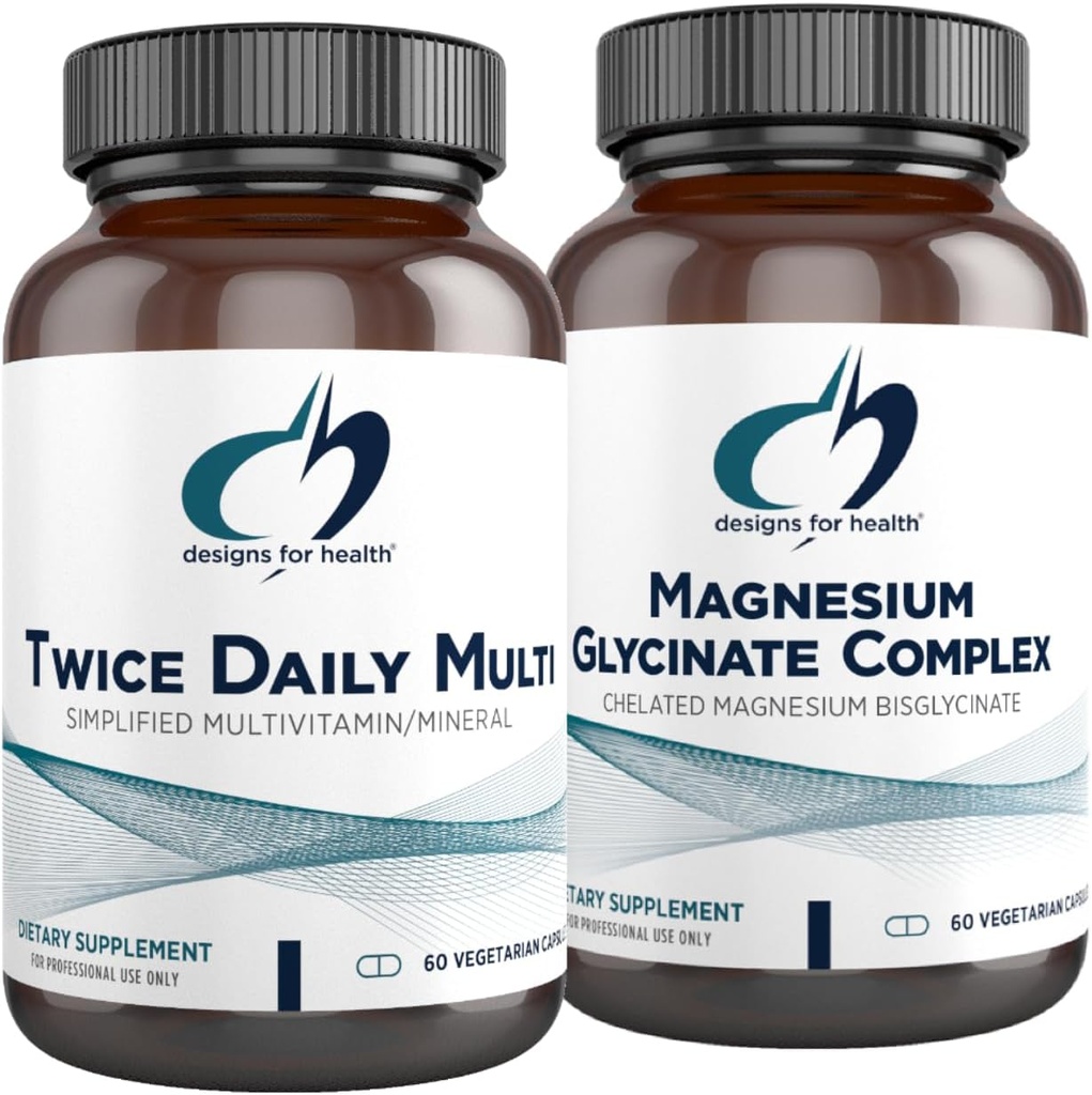 Designs for Health Magnesium Glycinate Complex (60 Capsules) & Twice Daily Multi (60 Capsules) Bundle - Premium Multivitamin with Folate & High Absorption Magnesium Supplement