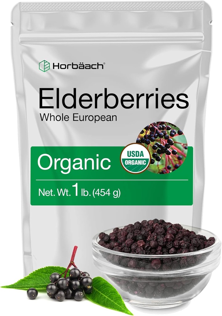 Horbäach Elderberries Dried Organic | 1 lb Bulk Bag | Whole European | Non-GMO, Gluten Free | Sambucus Nigra
