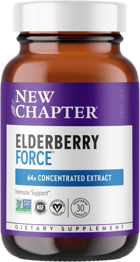 New Chapter Vegan Elderberry Capsules with 64x Concentrated Black Elderberry + Black Currant for Comprehensive Immune Support, Non-GMO Project Verified, Gluten Free, Certified Vegan, 30 Count