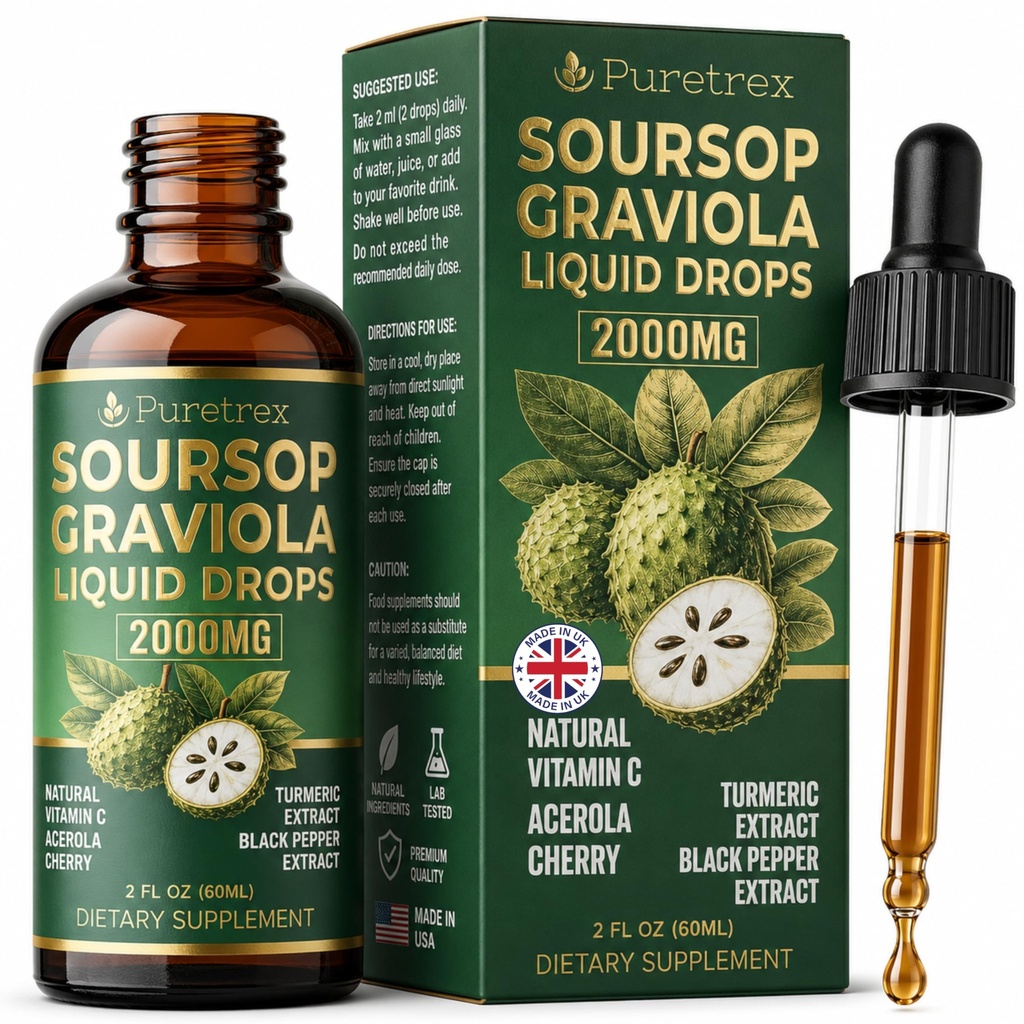 Soursop Graviola Liquid Drops 2000mg, Bitters Complex with Acerola Cherry, Turmeric and Black Pepper Extract, Fast Absorption Botanical Formula, Alcohol Free, 60mL 2 fl oz