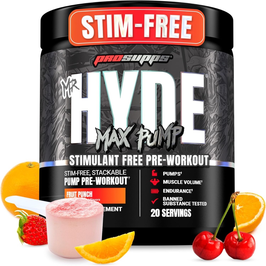 PROSUPPS Mr. Hyde Max Pump Pre Workout Powder - Stim-Free Preworkout Supports Blood Flow, Muscle Volume & Endurance - Caffeine-Free Nitric Oxide Gym & Fitness Supplements (Fruit Punch, 20 Servings)