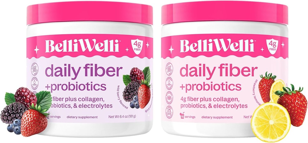 Belli Welli Daily Fiber Supplement Bundle with Collagen, Probiotics & Electrolytes – Strawberry Lemonade & Wild Berry Flavors – Supports Digestion, Gut Balance, & Debloating – 32 Servings