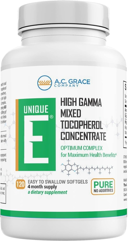 UNIQUE E A.C. Grace Company Mixed Tocopherols 120 Soft Gels, Supports Healthy Brain Function, General Health, and Aging Support, All-Natural Vitamin E and Kosher