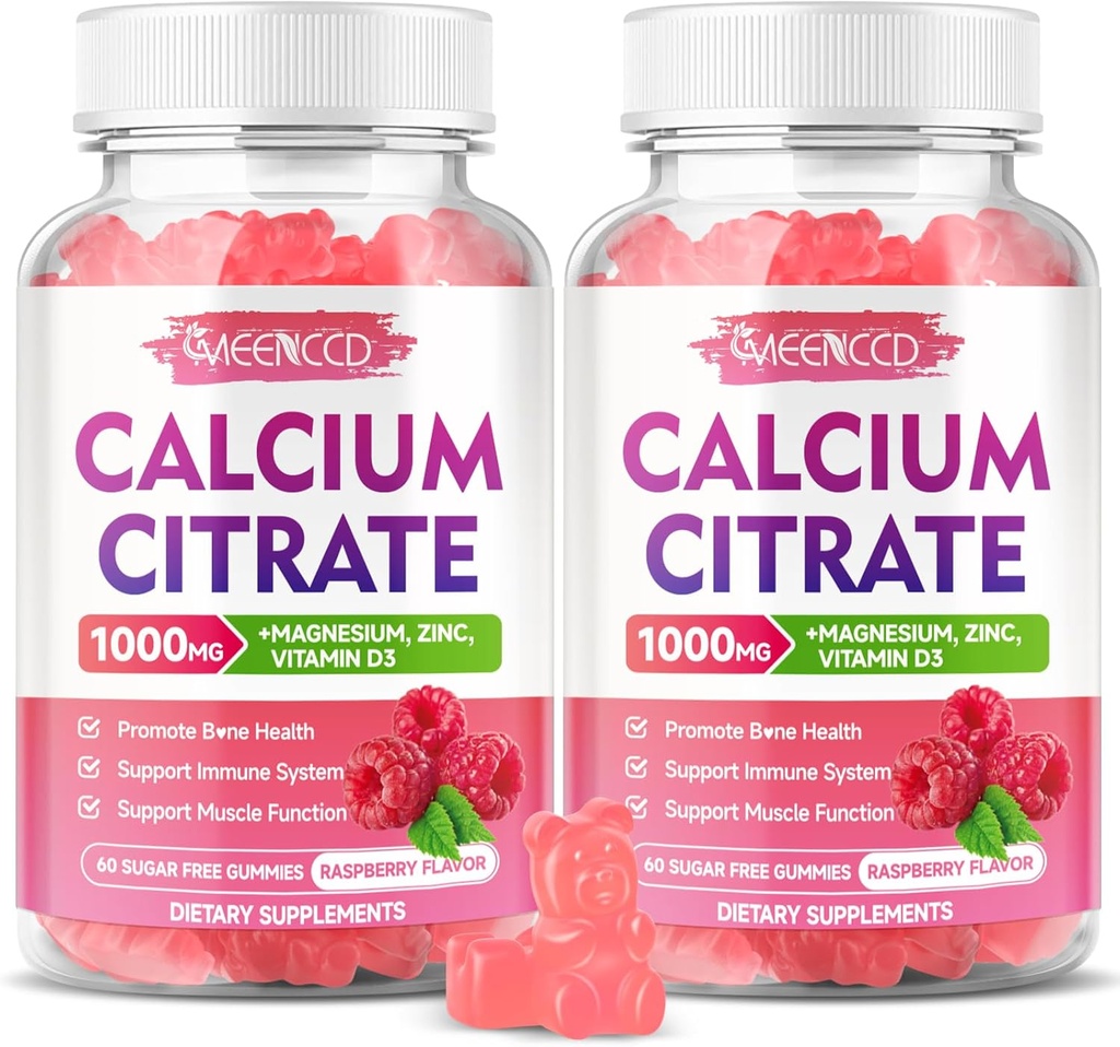 2 Pack Calcium Citrate Gummies 1000mg w/Vitamin D3, High Absorption Calcium Gummies for Women & Men, Plus Magnesium, Potassium, Zinc for Muscle & Immune, Raspberry Flavor, 120 Count