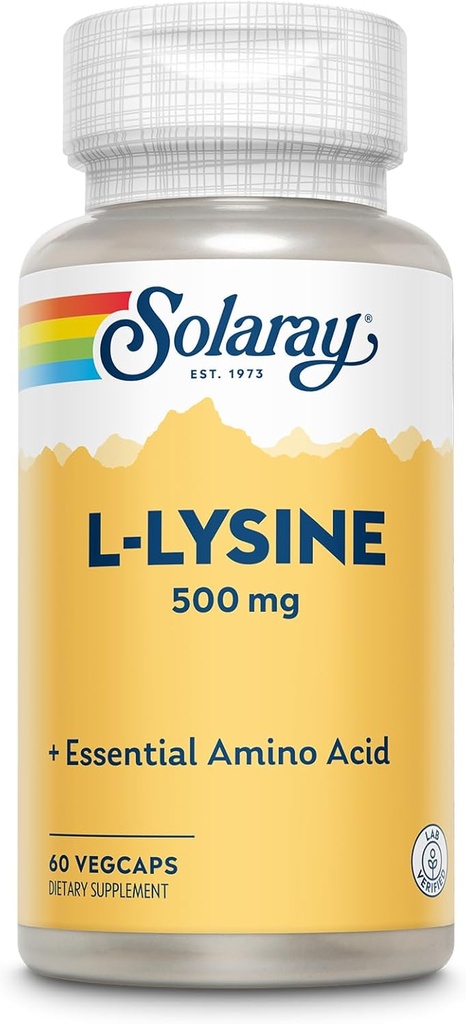 SOLARAY L Lysine 500 mg Capsules - Free-Form Essential Amino Acids Supplement - Powerful Wellness Support with L-Lysine Amino Acid - Lab Verified, 60-Day Guarantee, 60 Servings, 60 VegCaps