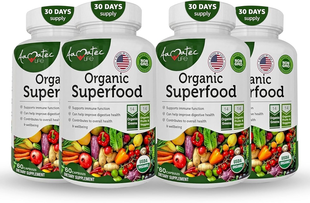 Organic Superfood Greens Fruits and Veggies Complex - Best Dietary Supplement with 14 Greens and 14 Fruits & Vegetables with Alfalfa & Antioxidant Organic Ingredients Non-GMO 240 Capsules