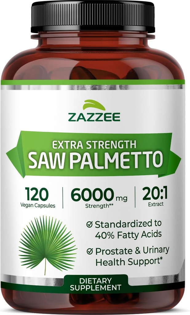 Zazzee Extra Strength Saw Palmetto 20:1 Extract, 6000 mg Strength, 40% Fatty Acids, 120 Vegan Capsules, 4 Month Supply, Concentrated and Standardized 20X Extract, Non-GMO, All-Natural, Made in the USA