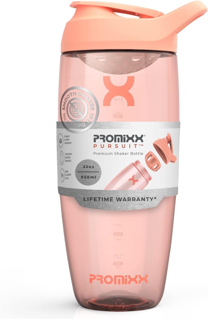Promixx Pursuit Protein Shaker Bottle (32 oz) – Silent No-Ball Mixer, Leak-Proof Lid, BPA/BPS & Phthalate-Free ECOZEN – Easy-Clean Shaker Cup for Protein Shakes, Pre & Post-Workout Smoothies