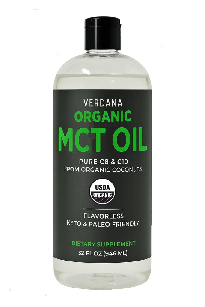 Verdana Organic MCT Oil, 32 fl oz – Pure C8 & C10 from Organic Coconuts, Unflavored MCT Oil for Coffee, Keto Friendly, No Palm Oil, Dietary Supplement