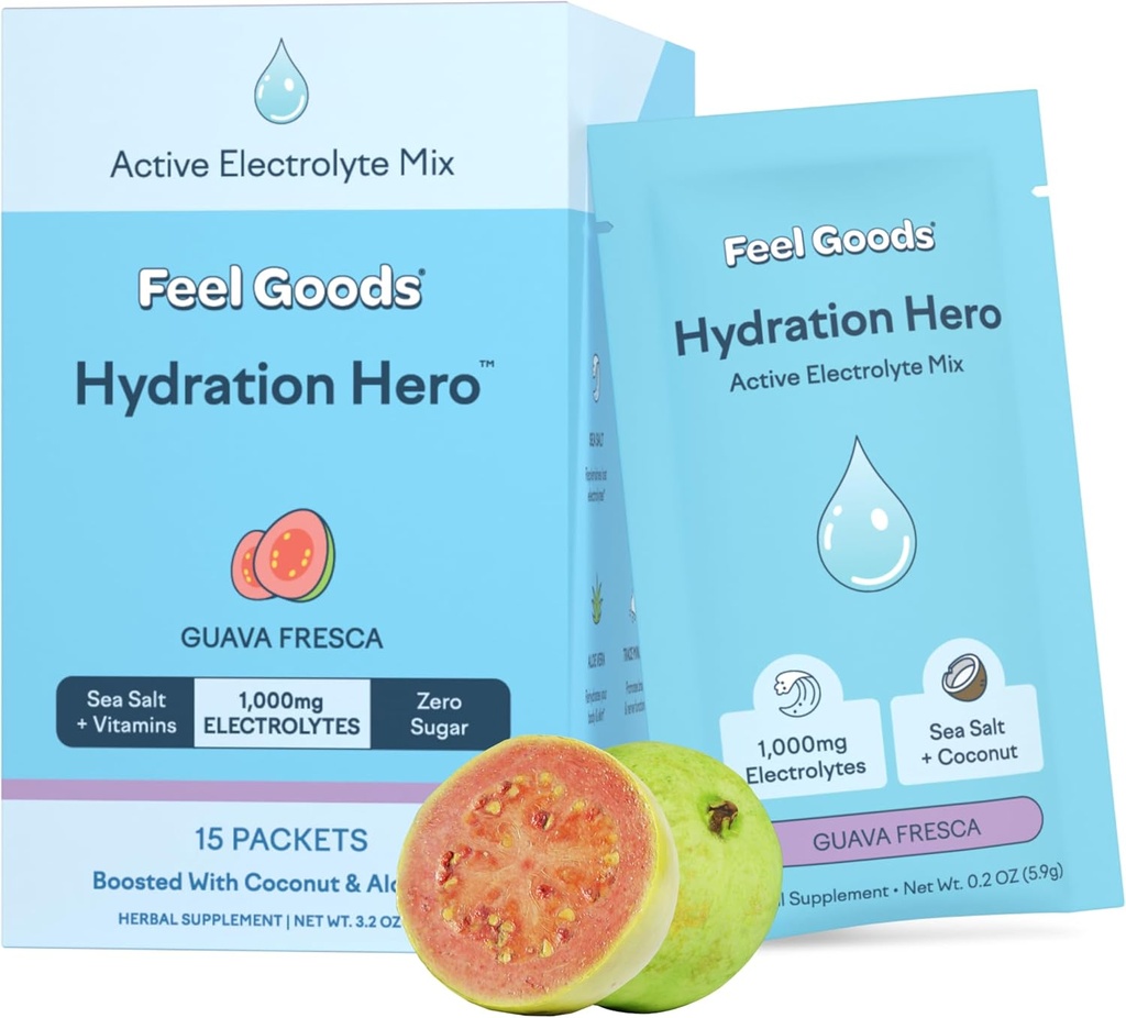 Feel Goods Hydration Hero, 1,000mg Electrolytes Powder, Sugar Free, Magnesium, Organic Coconut Water, L Theanine, Vitamin C & B12, Non GMO, Keto, Vegan, Electrolyte Packets | Guava Fresca, 15 Count