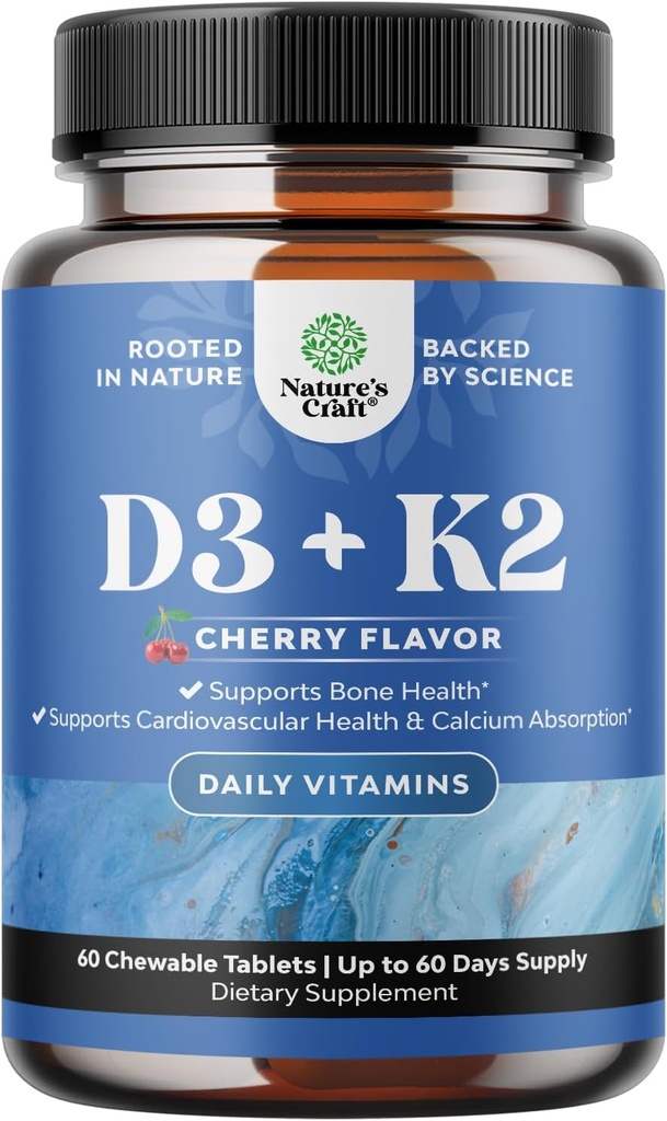 Natures Craft Vitamin D3 with K2 MK7 Supplement - Vitamin D3 2000 IU Tablets and K2 for Immune Support Bone Health Heart Health Joint Support Bone Strength and Mood Boost - VIT Immune System