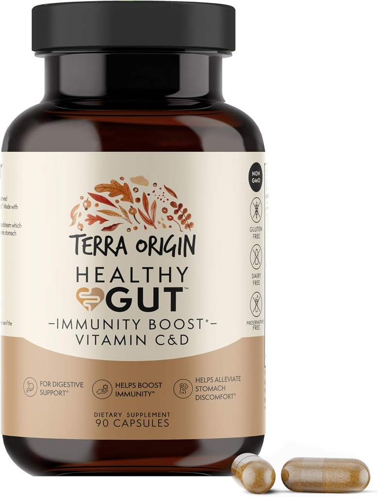 TERRA ORIGIN Healthy Gut Capsules with Immunity Boost | 90 Capsules | Non GMO, Gluten Free, Dairy Free | Digestive Support for Men and Women
