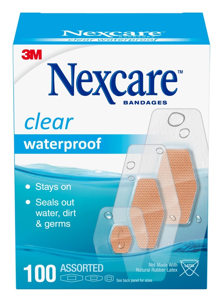Nexcare Waterproof Clear Bandages, Covers and Protects, 360 Degree Seal Around The Pad Offers Exceptional Protection Against Water, Dirt, and Germs, Assorted Sizes, 100 Count