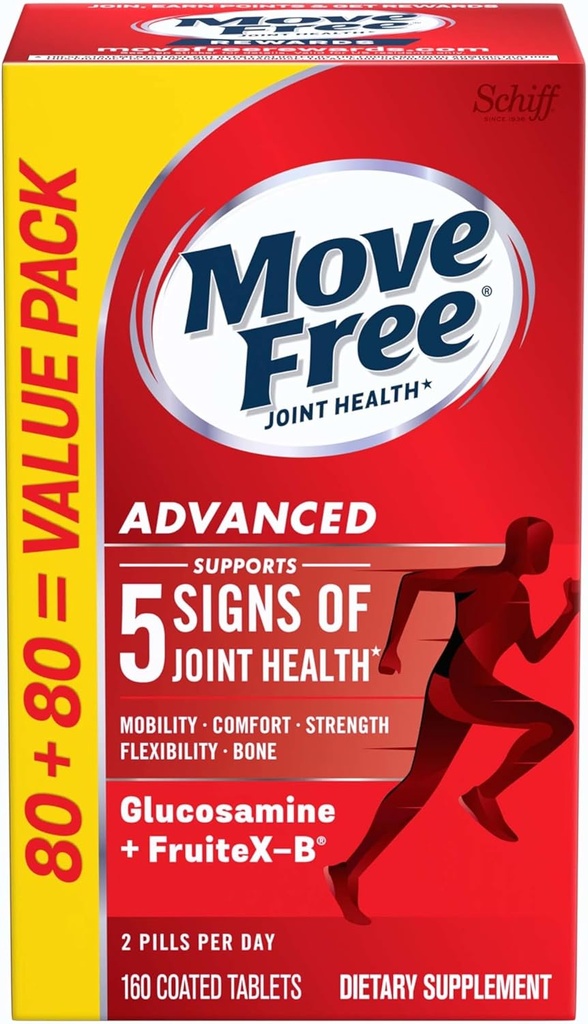 Move Free Advanced Glucosamine Chondroitin + Calcium Fructoborate Joint Support Supplement, Supports Mobility Comfort Strength Flexibility & Bone - 160 Tablets (80 servings)*