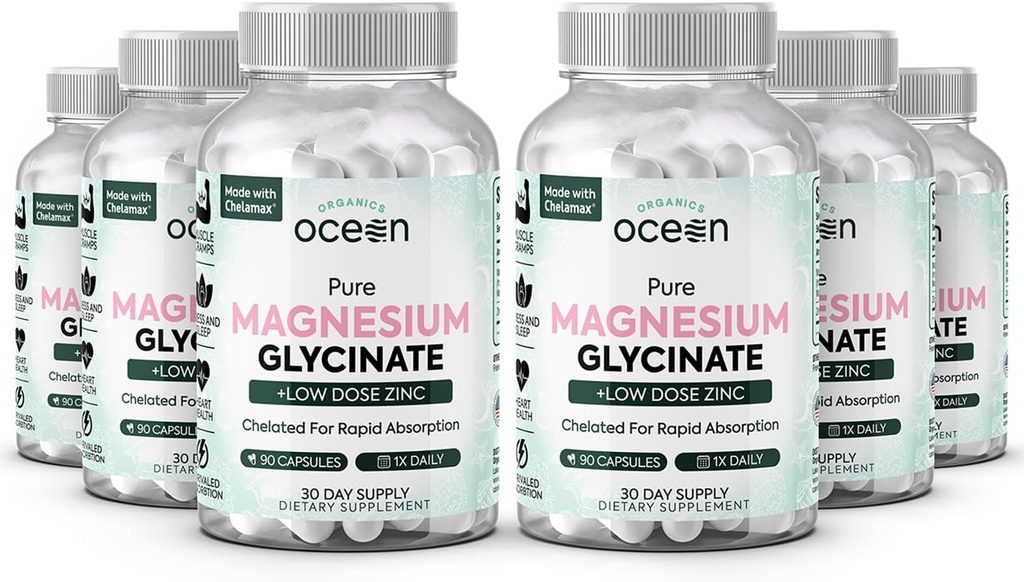 Organics Ocean Pure Magnesium Glycinate with Zinc - Maximum Strength Chelated Magnesium Supplement for Women and Men for Muscle Cramps and Sleep Support - 6 Bottles