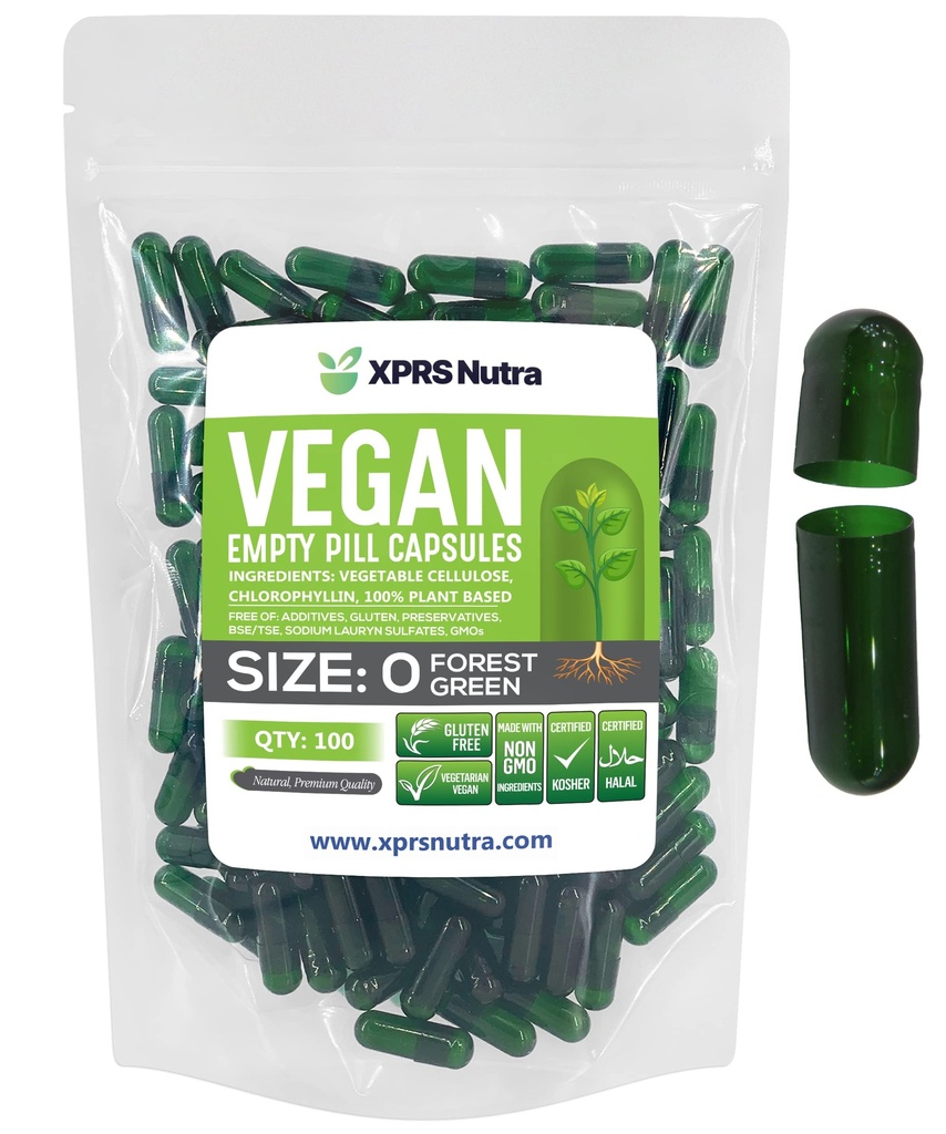 XPRS Nutra Size 0 Empty Capsules - 100 Count Empty Vegan Capsules - Vegetarian Pills - DIY Vegetable Capsule Filling - Veggie Pill Caps for Do-It-Yourself Supplements (Forest Green)