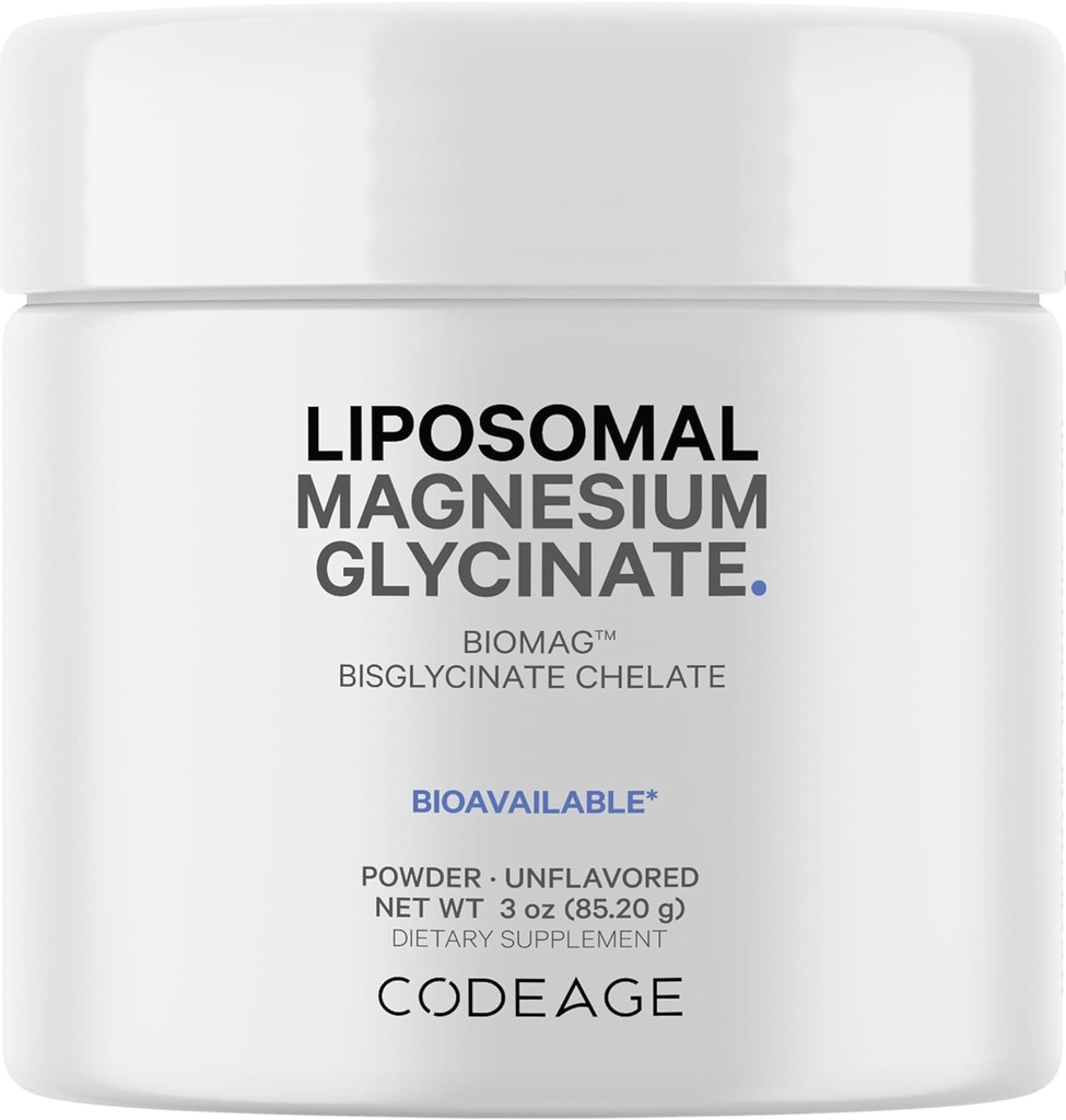 Codeage Magnesium Glycinate Powder Supplement, 2-Month Supply, Bisglycinate Magnesium Chelate, Unflavored, Liposomal Delivery, Chelated Magnesium Powder Mineral, Non-GMO Vegan, 3 oz