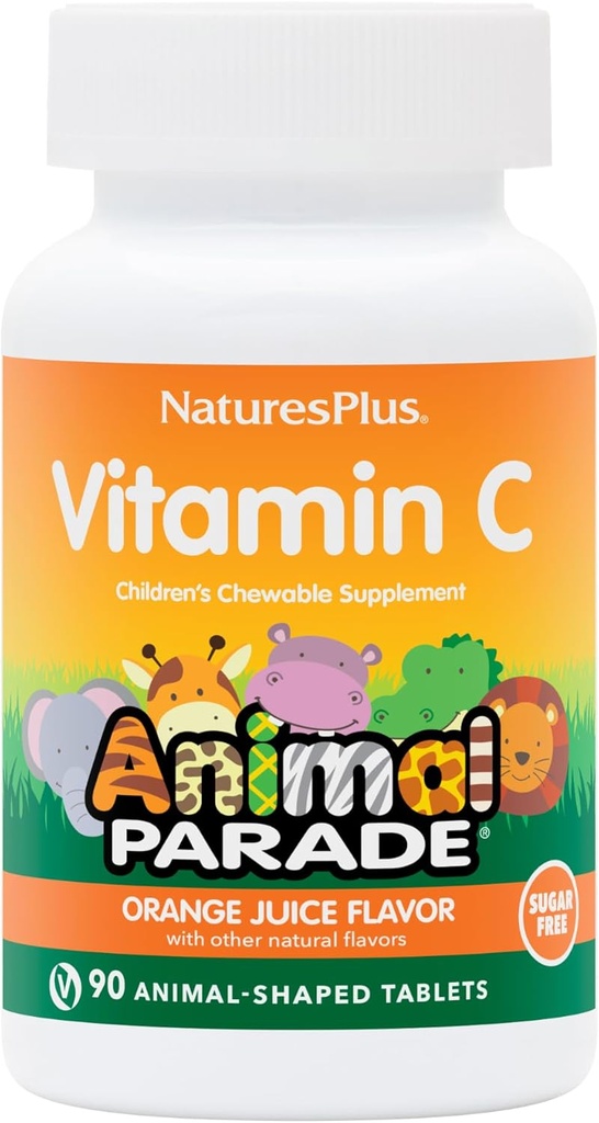 Natures Plus Animal Parade Sugar-Free Children's Vitamin C, Natural Orange Juice Flavor - 90 Chewable Animal Shaped Tablets - Immune Support - Gluten Free - 45 Servings