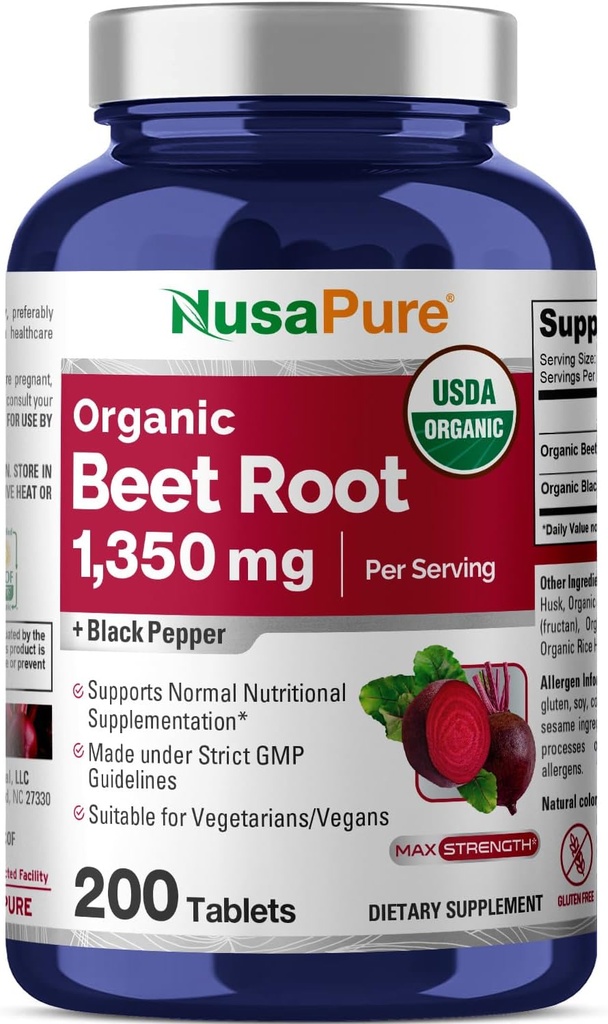 NusaPure Beet Root 1,350 mg 200 Organic Tablets (Vegetarian, USDA, Non-GMO & Gluten Free) Black Pepper
