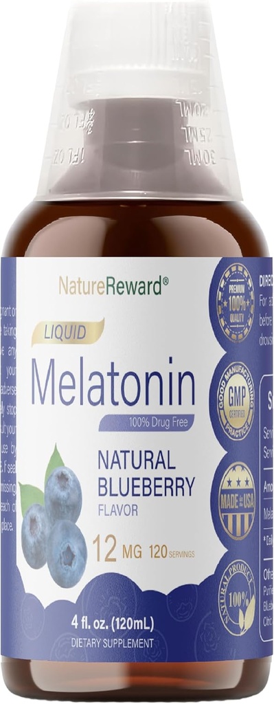 Melatonin 12mg | 4 fl oz Liquid |120 Servings | Blueberry Flavor | for Adults | Non-GMO, Vegetarian Supplement