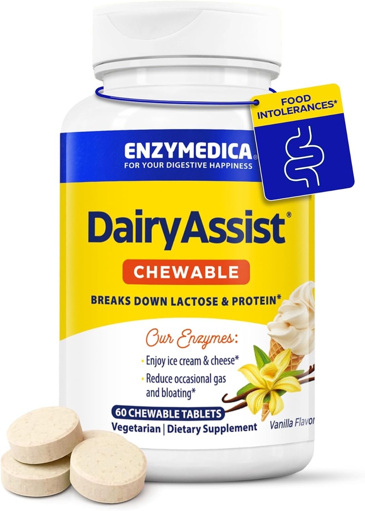 Enzymedica DairyAssist Chewable, 2-in-1 Digestive Enzymes for Dairy, Lactose and Casein Digestion, Fast-Acting Formula for Gas and Bloating Relief, 60 Chewable Tablets