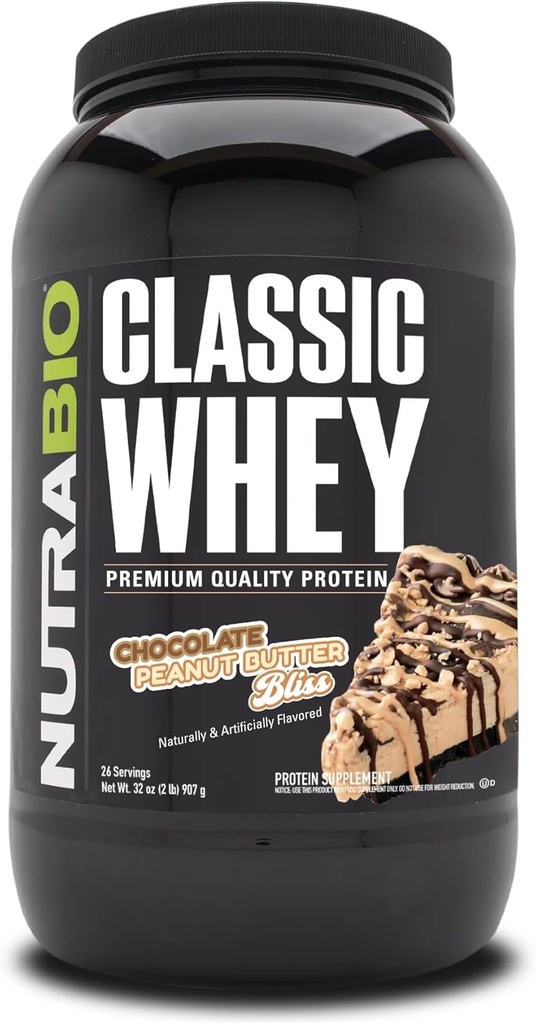 NutraBio Classic Whey Protein Powder- Full-Spectrum Amino Acid Profile - No Fillers, Artificial Colors, Preservatives - Low Glycemic Index - (Chocolate Peanut Butter, 2 Pounds)