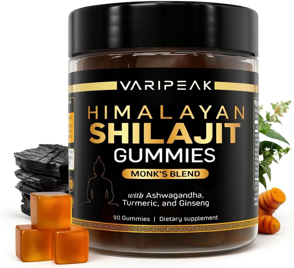 4-in-1 Organic Himalayan Shilajit Gummies | with Ashwagandha, Turmeric, & Ginseng | Adaptogen for Energy, Immunity & Vitality Support | Organic, Vegan, Sugar-Free | 90 Count | for Men & Women