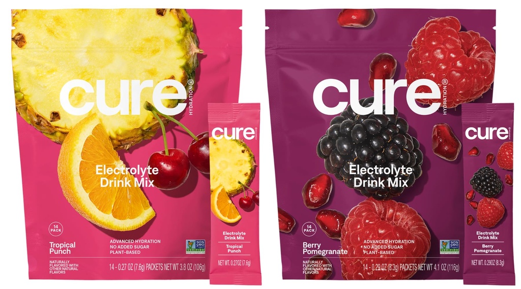 Cure Hydration Bundle | Plant-Based Electrolyte Drink Mix | No Added Sugar | FSA-HSA | Dehydration Relief Powder Made with Coconut Water | Vegan | 28 Packets - Berry Pomegranate & Tropical Punch