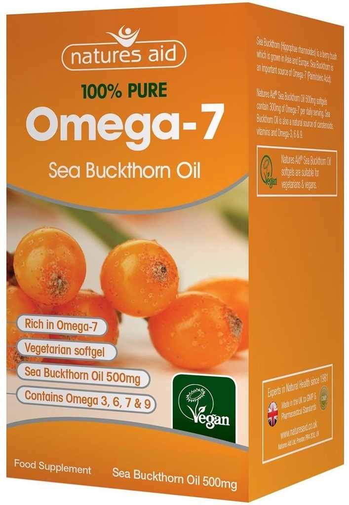 Natures Aid Sea Buckthorn Oil 500mg (Omega-7) 60 Vegan Softgels