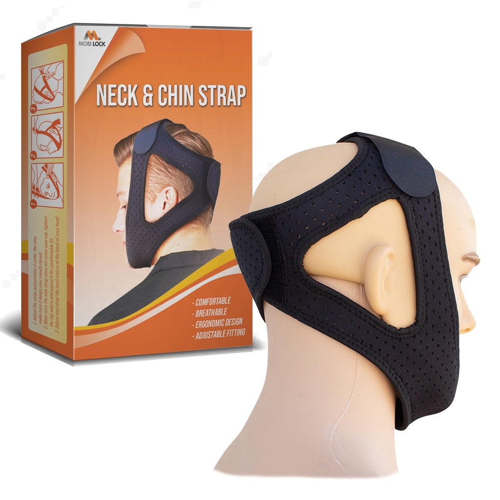 Chin & Neck Strap - Soft & Breathable Neoprene Jaw & Chin Sleep Strap - Sleeping Aids, May Support Snoring Prevention - for Men & Women - Adjustable Hook & Loop Closure - Black - by Mobi Lock | Double-support fit, hook & loop closure, ventilation holes, skin-friendly for all-night wear, unisex