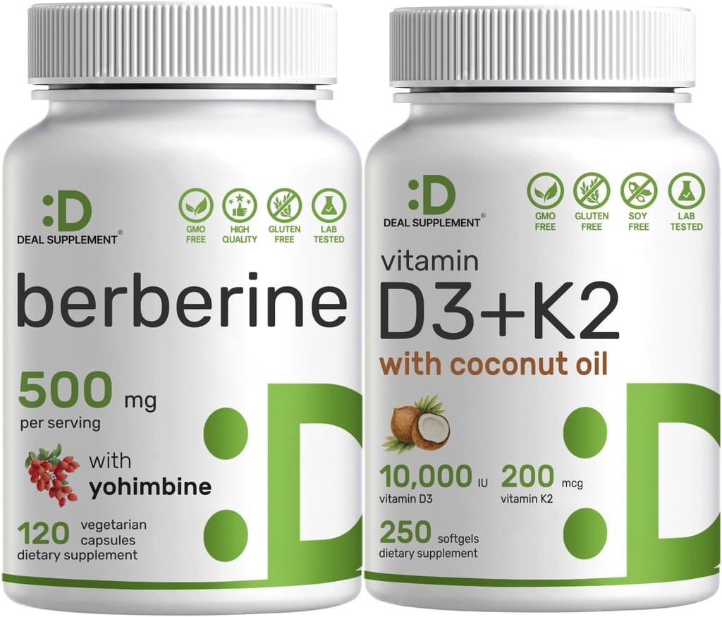 DEAL SUPPLEMENT Vitamin D3 10,000iu + K2 200mcg Softgels & Berberine Supplement with Yohimbine Bundle – Essential Sunshine Vitamins with Coconut Oil – High Absorption Hydrochloride HCl Forms