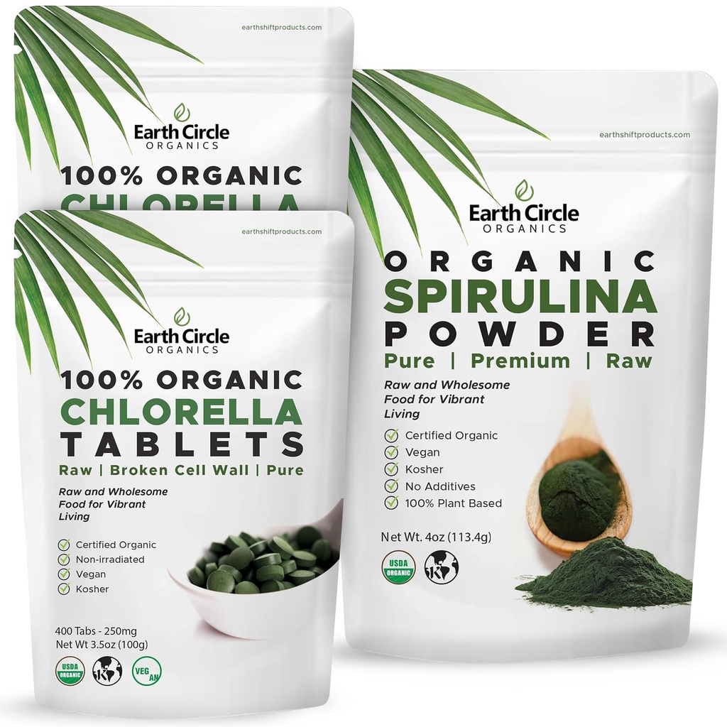 Earth Circle Organics Chlorella 400 Tablets (Pack of 2) and Spirulina Powder 4oz Bundle High Potency Vegan Superfood Supplement Packed with Protein Vitamins & Minerals for Daily Energy and Health