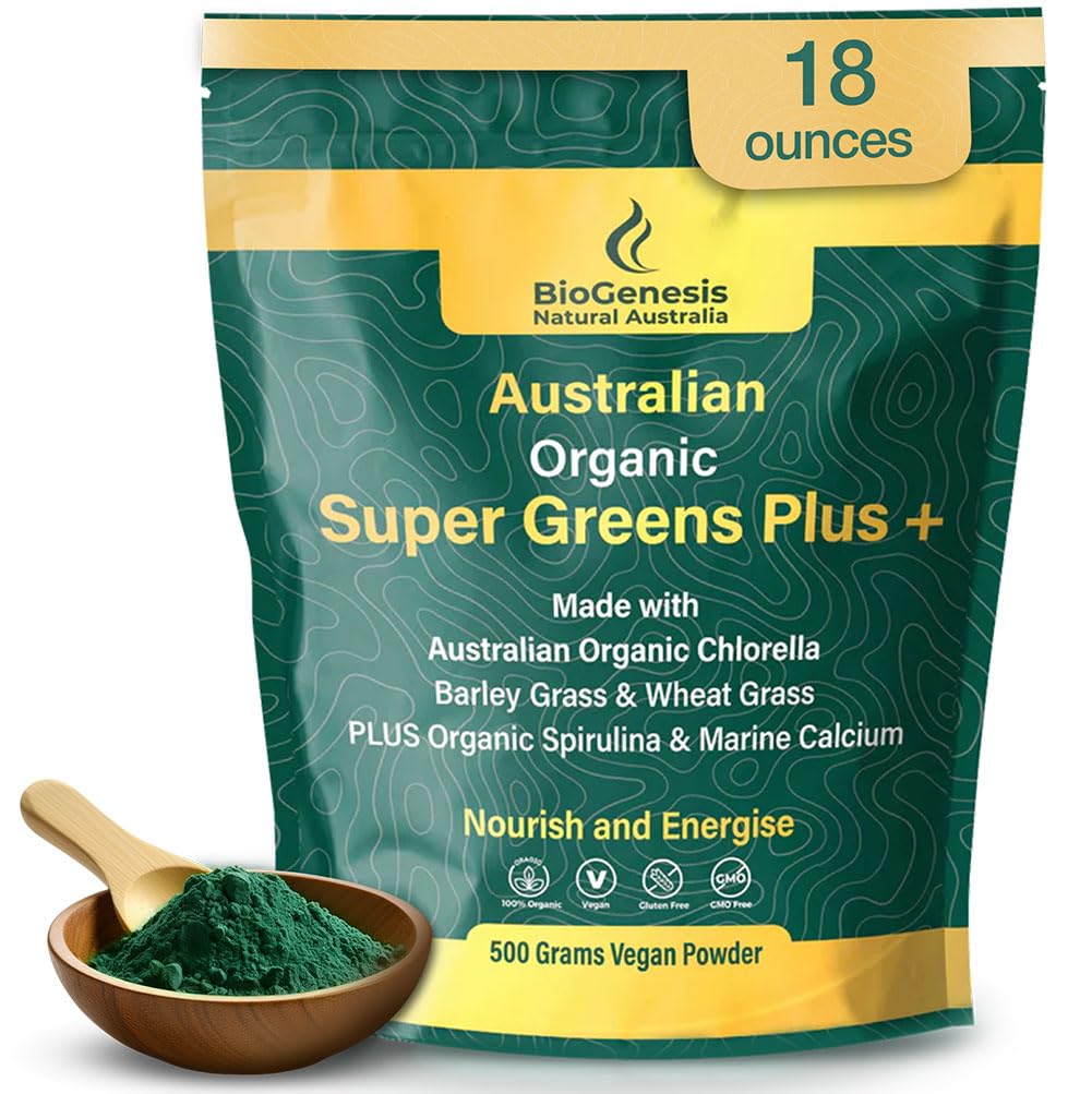 Biogenesis SuperGreens Plus Powder – 500g | Unflavored | Organic Chlorella, Wheatgrass, Barley Grass & Spirulina | Australian Grown | Supports Energy & Immunity | Vegan Powder
