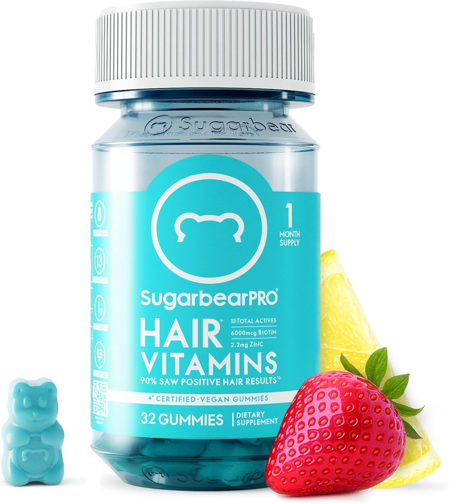 SugarBearPro Hair Vitamin Gummy 1 Month Supply, Extra Strength Biotin 6000mcg for Hair Growth, Vegan Vitamin B12, MSM, Inositol, Omega 3, Elderberry, Certified Kosher, Halal, Cruelty-Free