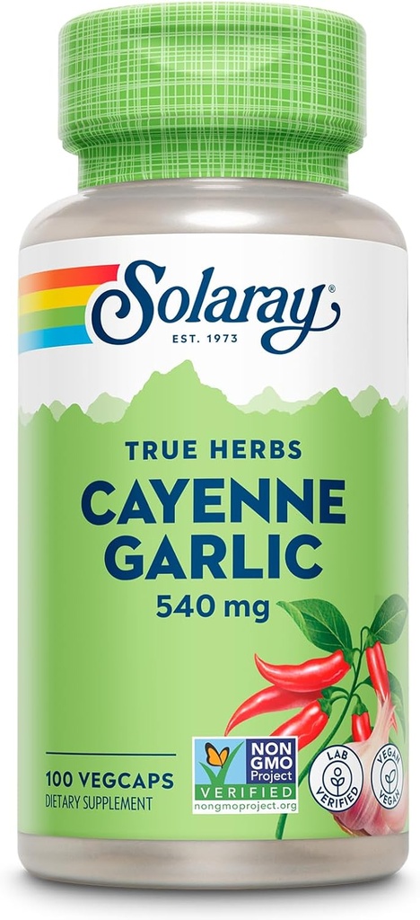 SOLARAY Cayenne Garlic 540 mg - Cayenne Pepper and Garlic Supplements with Capsaicin - Supplying 40,000 Heat Units - Non-GMO Project Verified, Vegan, 60-Day Guarantee - 100 Servings, 100 VegCaps