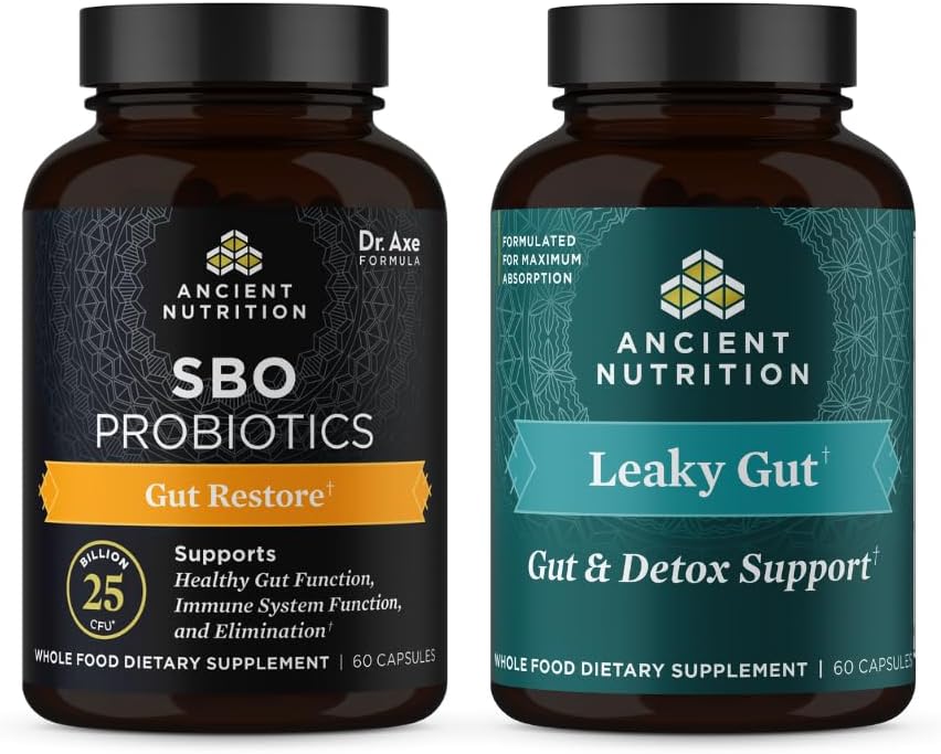 Ancient Nutrition SBO Gut Restore Probiotics Capsules, 60 Count + Leaky Gut Capsules, 60 Count