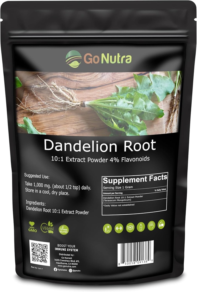 Go Nutra Dandelion Root Powder for Tea, Coffee & Beverages | Concentrated 10:1 Dandelion Root Extract Powder, Caffeine Free | Antioxidants, Digestion & Immune System | Non-GMO, Vegan | 16 oz (1 lb)