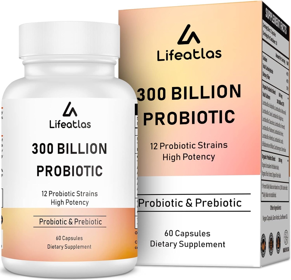 300 Billion CFU Probiotics - Probiotics for Women and Men, 12 Probiotic Strains Plus Prebiotic, for Immune & Digestive, Gut Health, Gas Bloating, Shelf Stable - 60 Caps