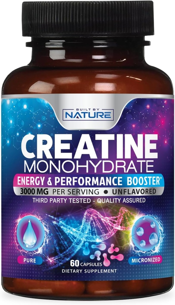 Built by Nature Creatine Monohydrate Pills - Micronized Creatine Supplement for Men & Women - Muscle Strength, Energy, Endurance, and Recovery - Gluten-Free, Vegan, Non-GMO - 60 Capsules