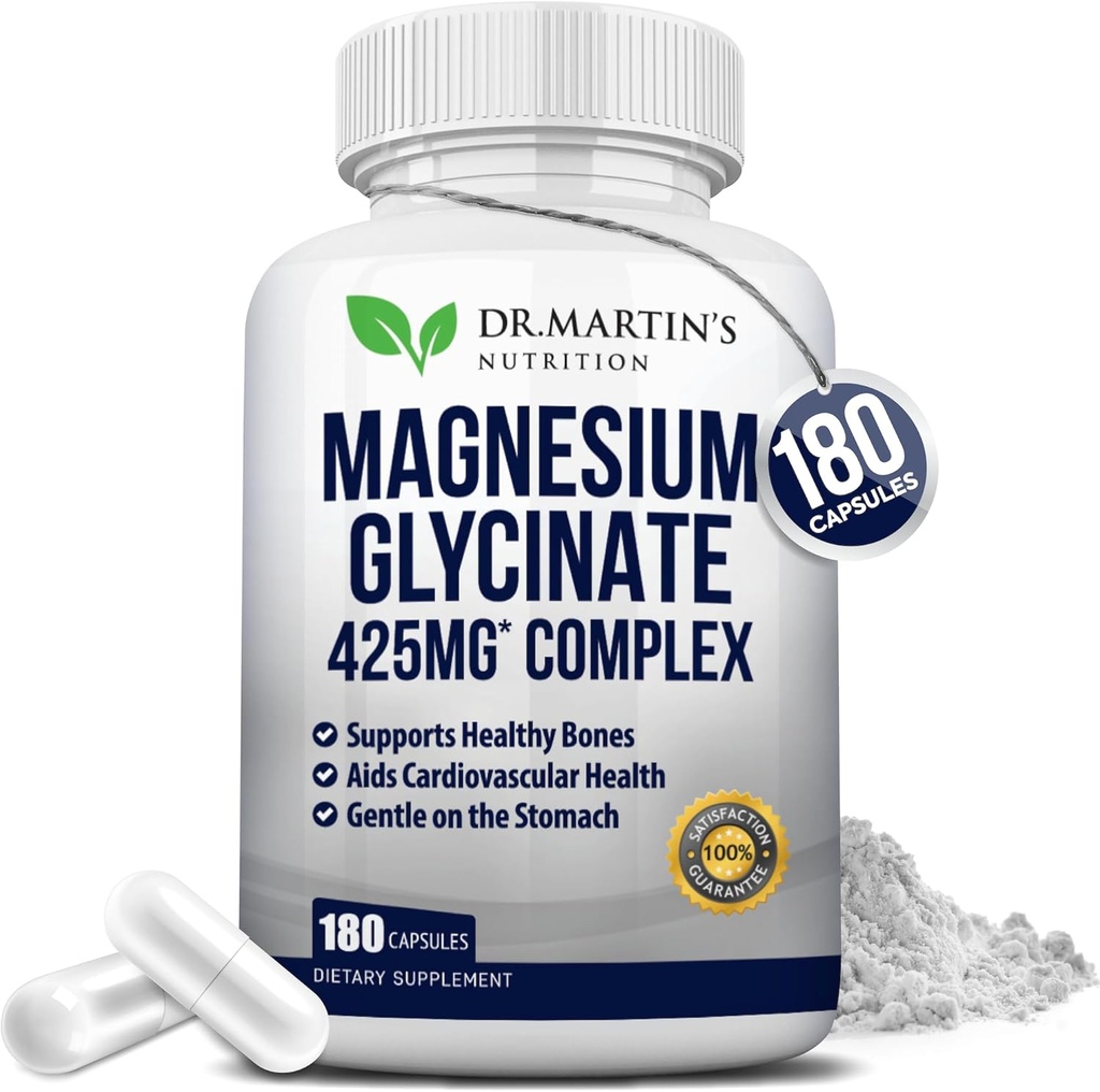 Premium Magnesium Glycinate 425mg - 180 Vegan Capsules - Helps with Stress Relief, Sleep, Muscle Cramps & Healthy Heart |