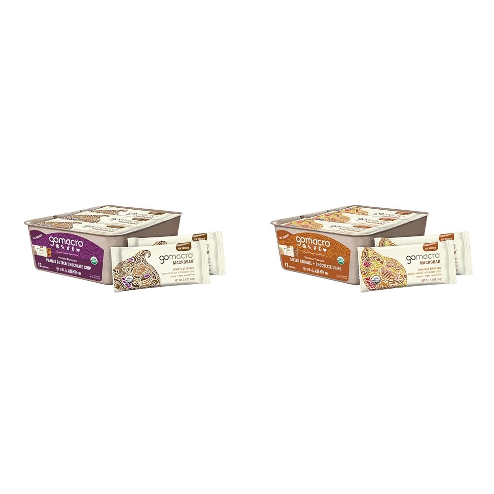 GoMacro MacroBar Organic Vegan Protein Bars Bundle- Peanut Butter Chocolate Chip (12 Count) & Salted Caramel + Chocolate Chips (12 Count)