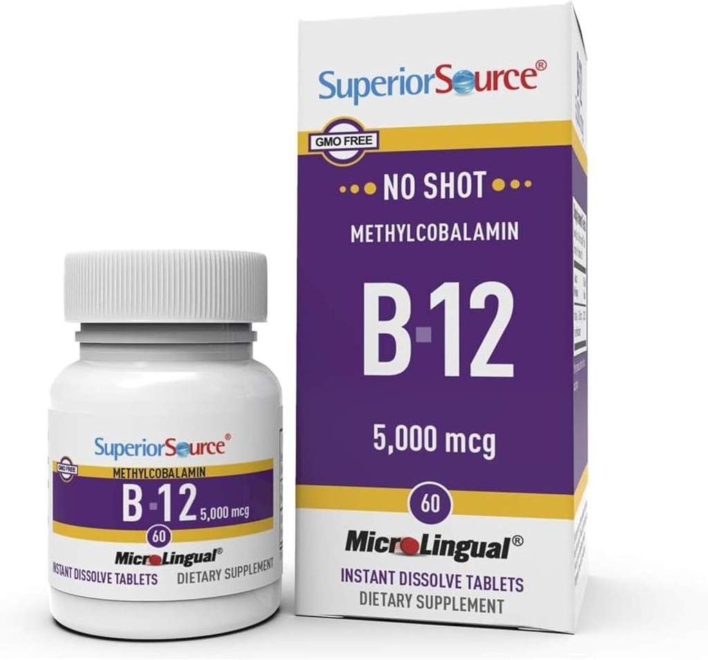Superior Source No Shot Methylcobalamin B-12 5000 mcg - Vitamin B-12 to Support Energy Production, Brain Health & Overall Wellness - Sublingual Tablets for Fast Absorption - 60 Dissolving Tablets