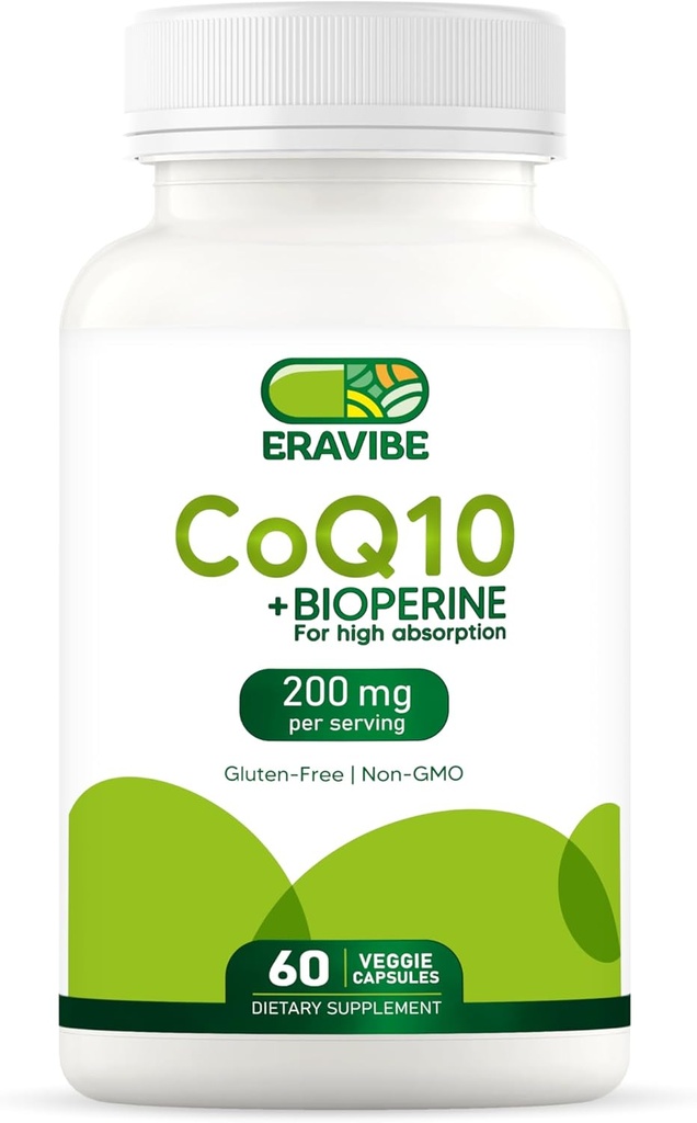 Pure CoQ10 Energy Support High Absorption with Bioperine, 200 mg per Serving, 60 Veggie Capsules, Gluten-Free, Non-GMO