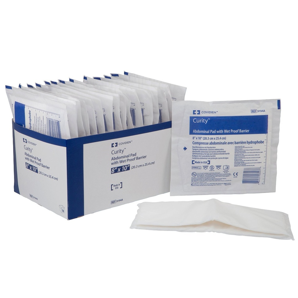 Covidien 9194A Curity Abdominal Pads with Wet Proof Barrier, Sterile, 8" x 10" (Pack of 18)
