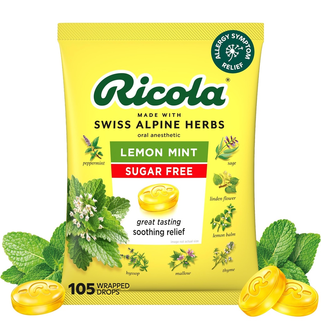 Ricola Sugar Free Lemon Mint Herbal Throat Drops with Lemon Balm and Low Menthol for Everyday Voice Care - 105 Count - Herbal Throat Lozenges