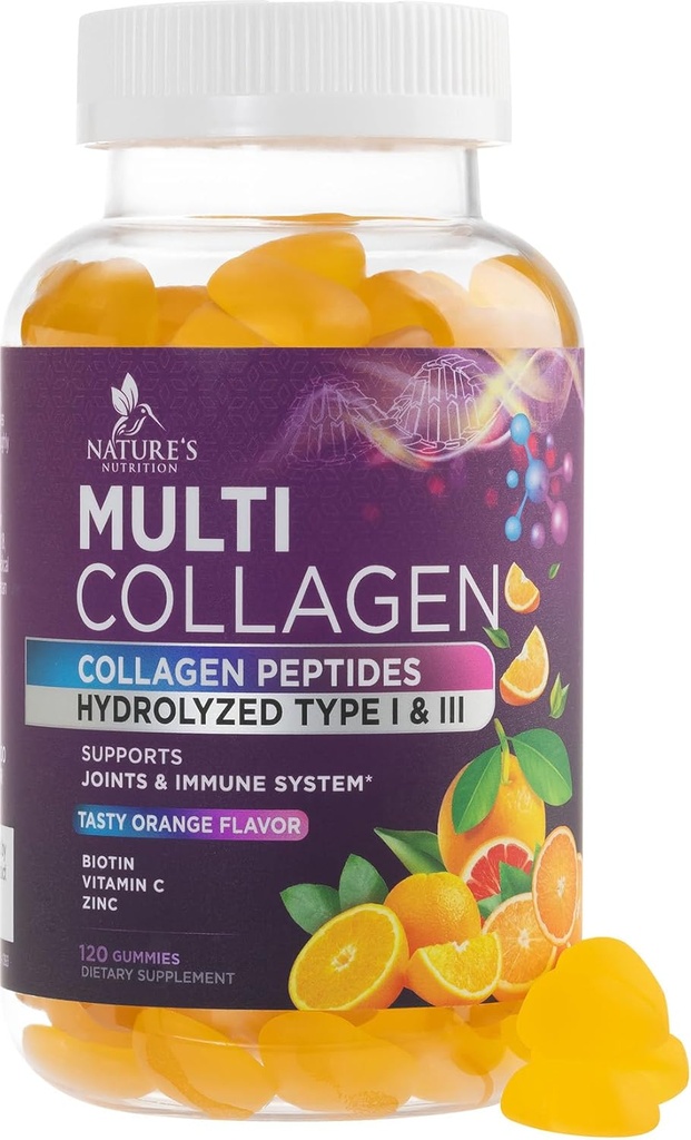 Collagen Peptides Gummies with 2500 mcg Biotin - Hydrolyzed Protein Type I & III Multi Collagen Supplement with Vitamin C & Zinc - Support for Hair, Skin, Nails, Tasty Orange Flavor - 120 Gummies