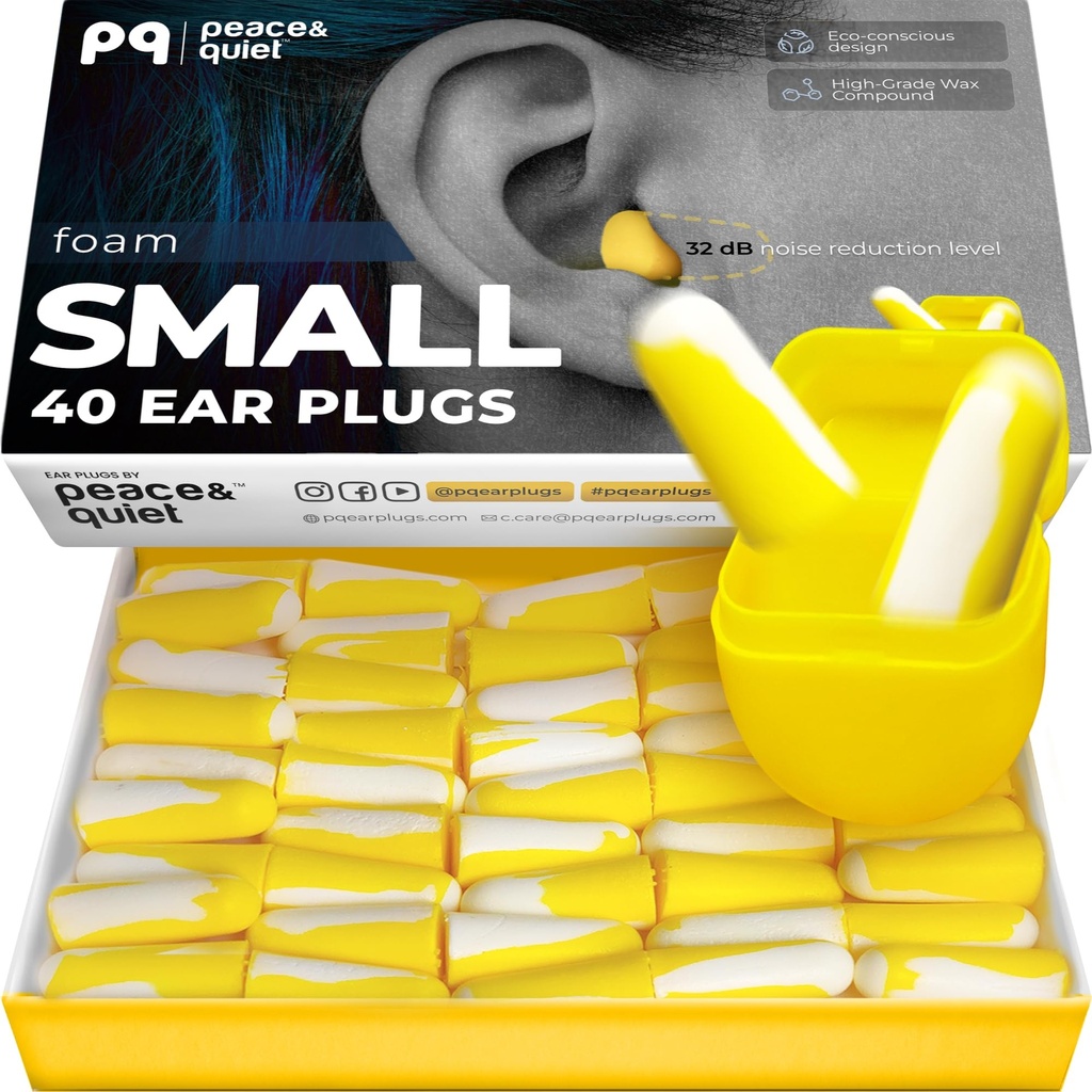 Peace&Quiet PQ Small Ear Plugs for Sleeping - 40 Earplugs for Sleep, Snoring, Small Ear Canals, Noise Cancelling 32 dB, Sound Blocking, for Women and Men