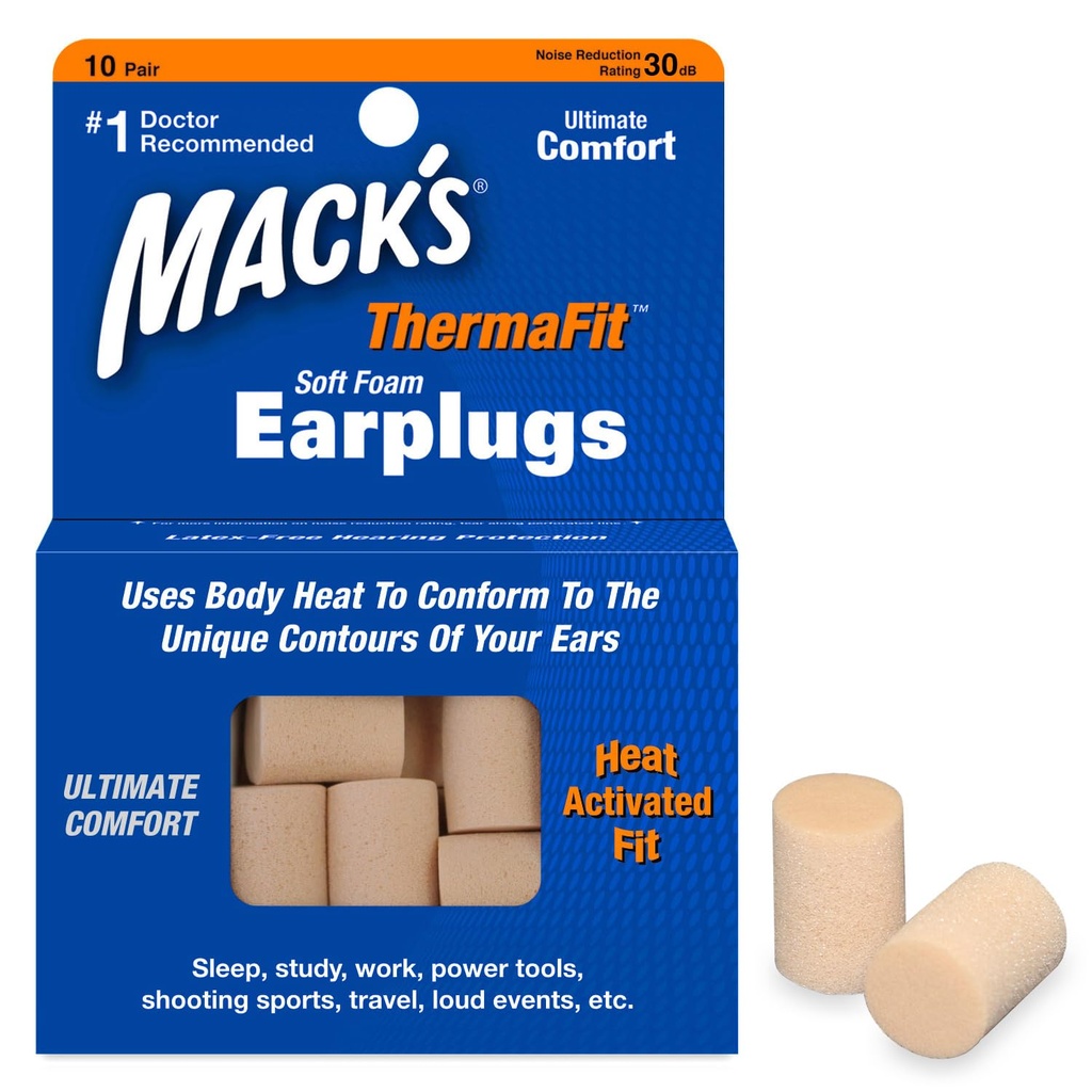 Mack’s ThermaFit Soft Foam Earplugs, 10 Pair - Comfortable Ear Plugs for Sleeping, Snoring, Work, Travel & Loud Events | Made in USA | Newly Upgraded and Improved