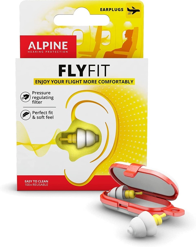 Alpine FlyFit | Airplane Ear Plugs for Flying Pressure Regulation | Travel essentials | Comfortable & Reusable | Hypoallergenic with ultra soft filter | Tested and certified | 17dB SNR